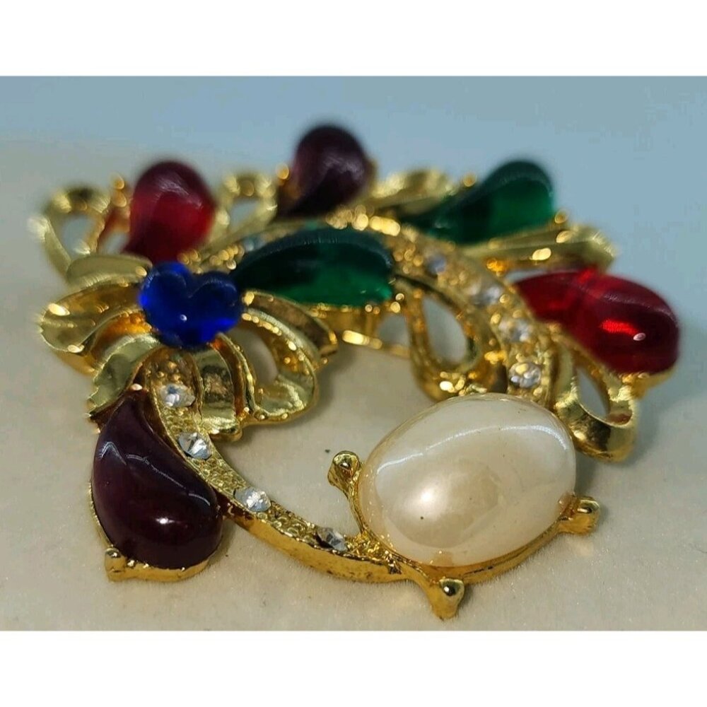 Vintage Unbranded Multicolor Jelly Belly & Rhinestone Wreath Brooch Gold Tone - Picture 2 of 7